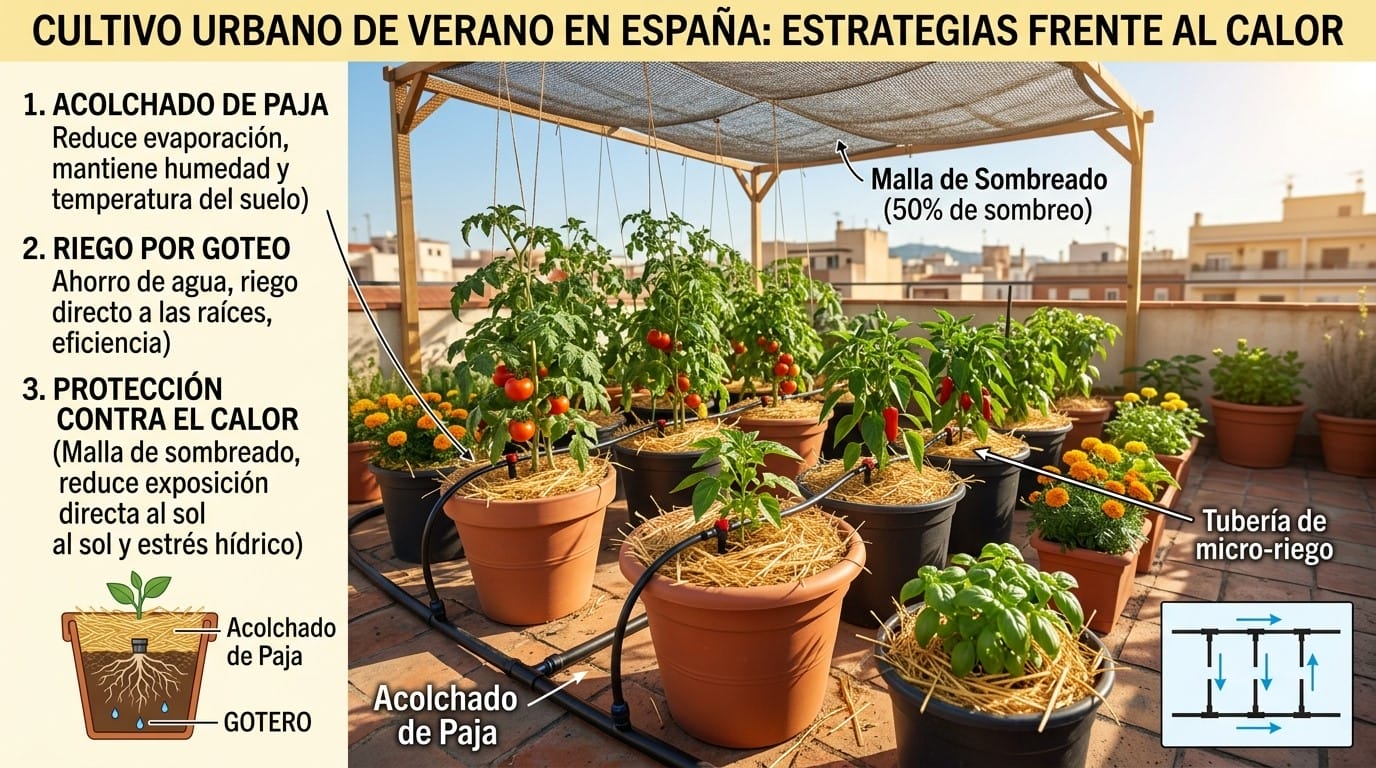 Acolchado y riego eficiente en macetas para proteger el huerto urbano del calor
