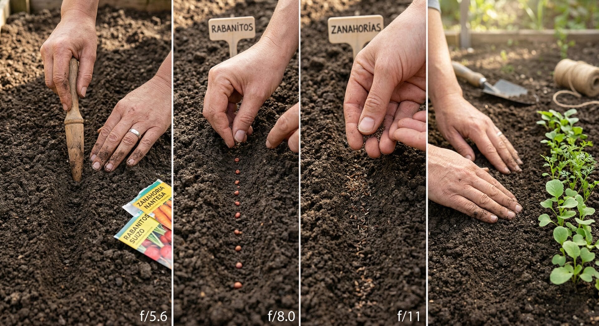 Manos sembrando rábanos y zanahorias en surcos poco profundos, suelo húmedo y suelto, detalle de semillas y plantas jóvenes, estilo educativo y realista
